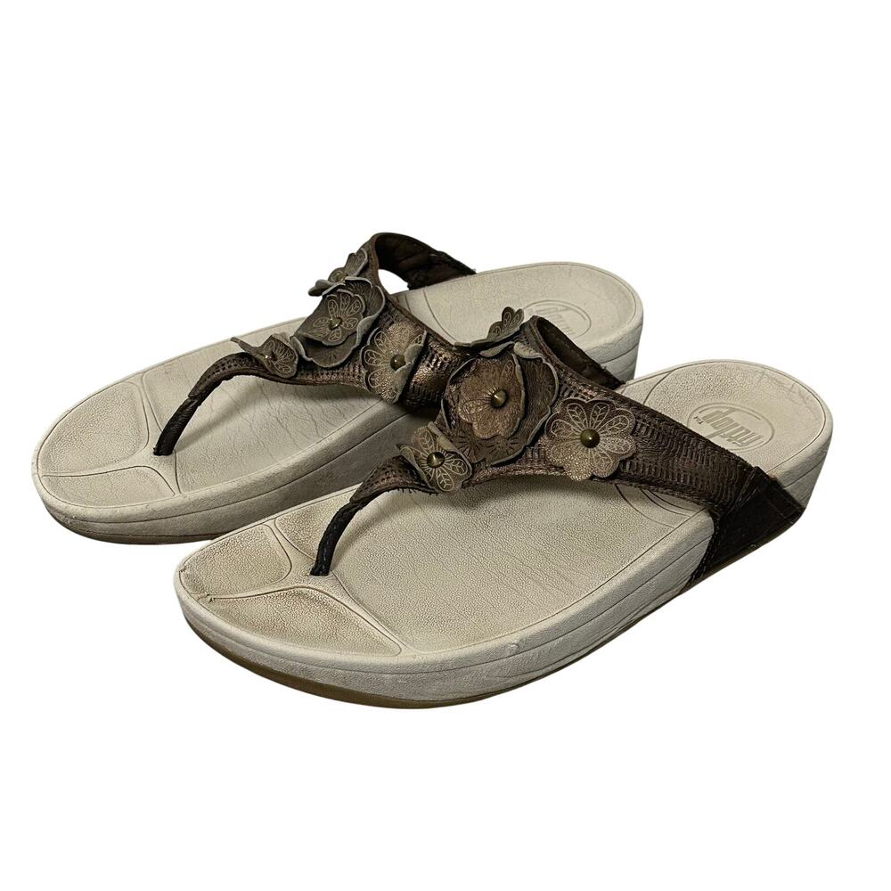 FitFlop Sandals Women's 8 EU 39 Brown Leather Floral Thong Comfort Shoes
